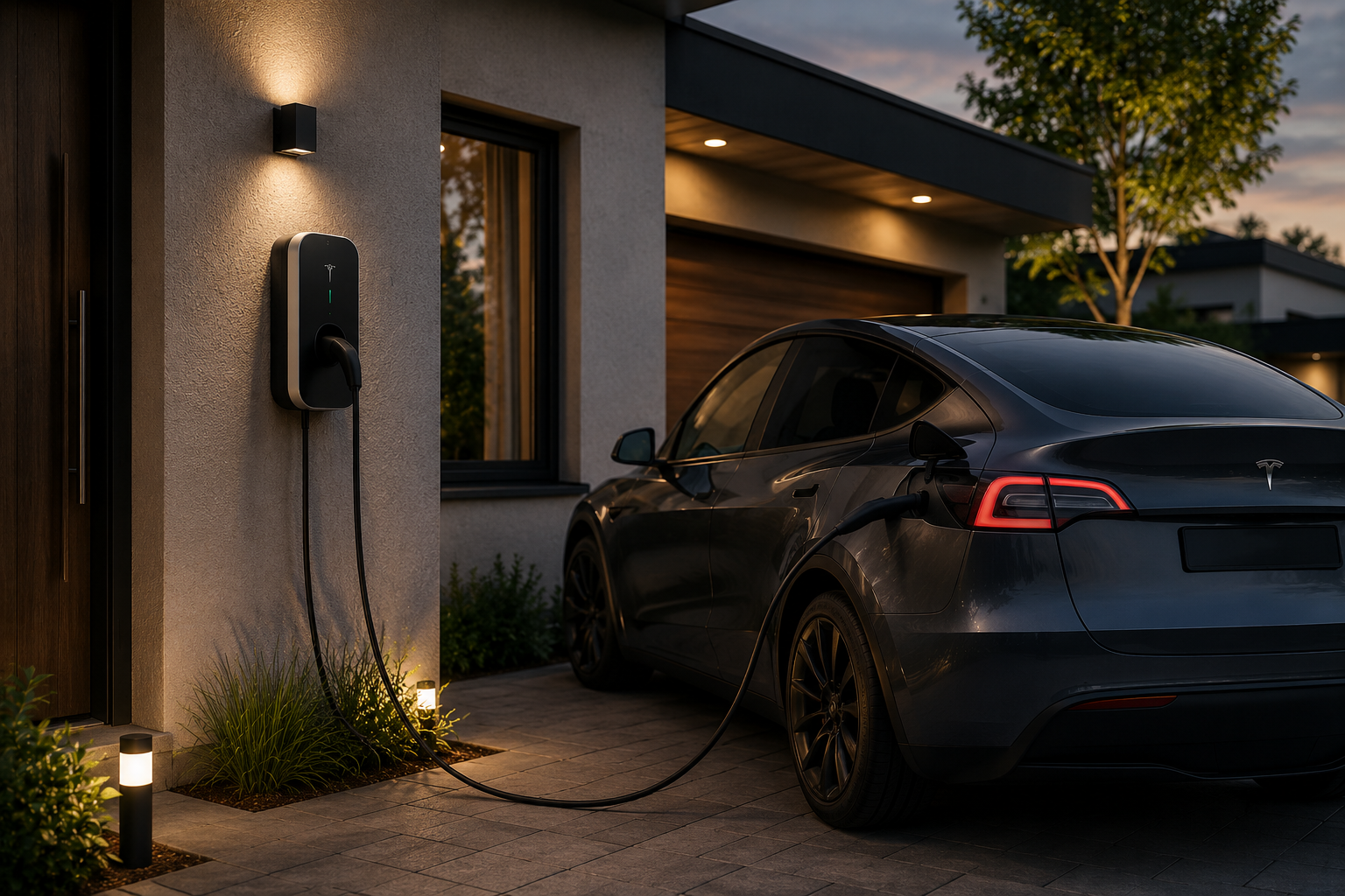 E-Auto an Wallbox in der Einfahrt eines modernen Hauses